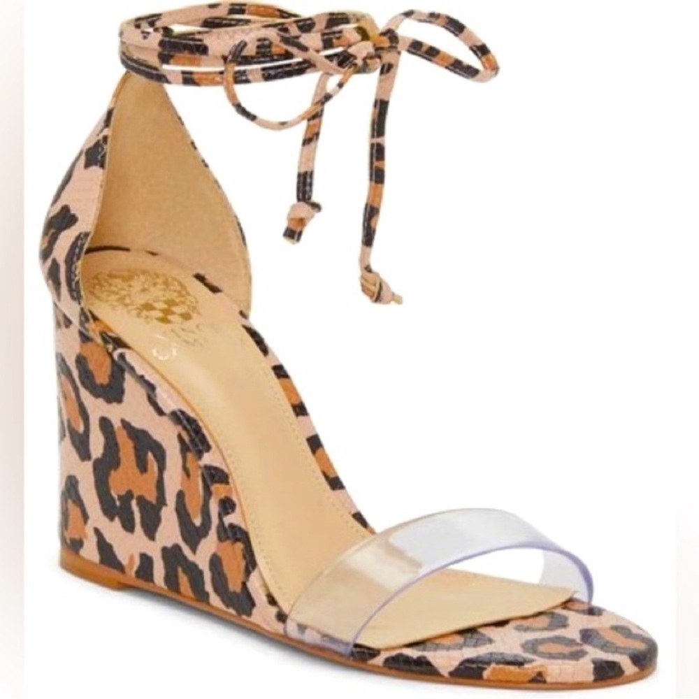 Vince Camuto Leopard Ankle Strap Wedges - 10